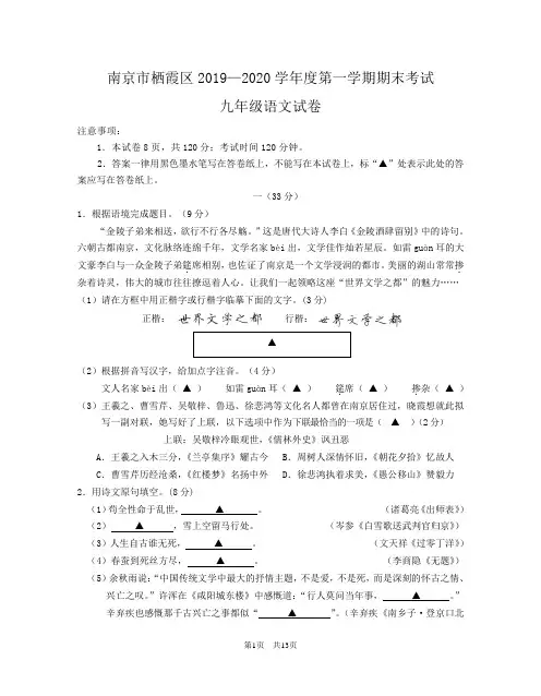南京市栖霞区2019—2020学年度第一学期期末考试九年级语文试卷(含答案)