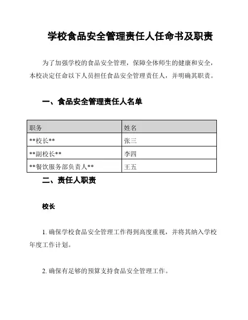 学校食品安全管理责任人任命书及职责