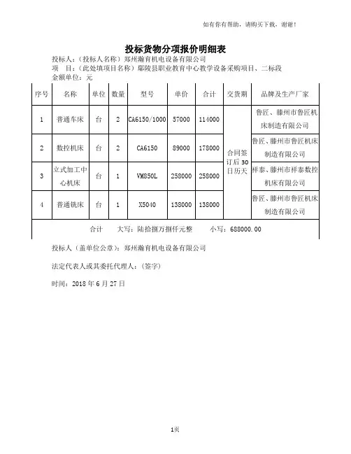 投标货物分项报价明细表