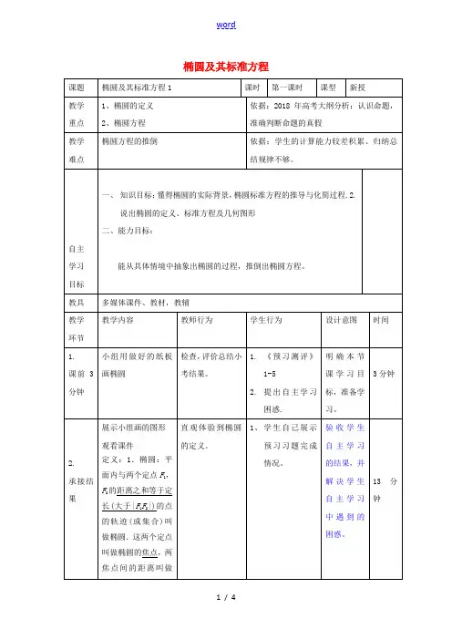 高中数学 第二章 圆锥曲线与方程 2.1.1 椭圆及其标准方程(1)教案 新人教B版选修2-1-新人