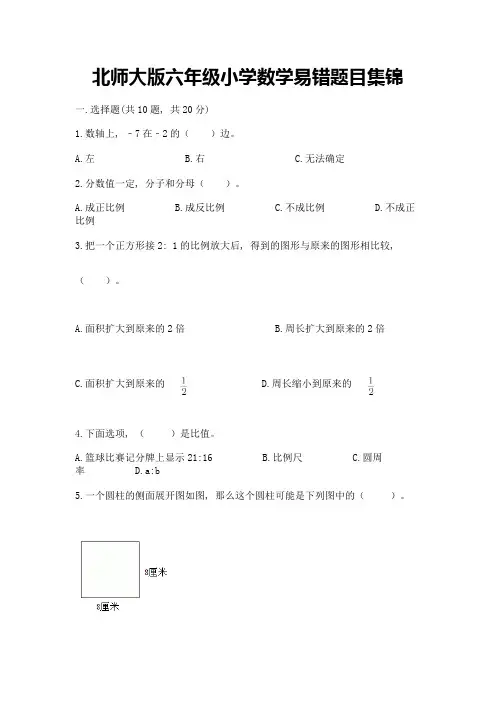 北师大版六年级小学数学易错题目集锦完整参考答案