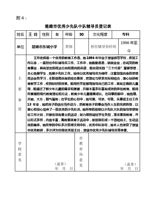 楚雄市优秀少先队中队辅导员登记表 2