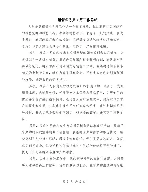 销售业务员6月工作总结