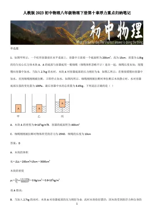 人教版2023初中物理八年级物理下册第十章浮力重点归纳笔记