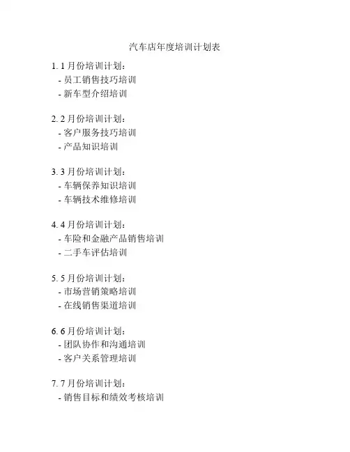 汽车店年度培训计划表