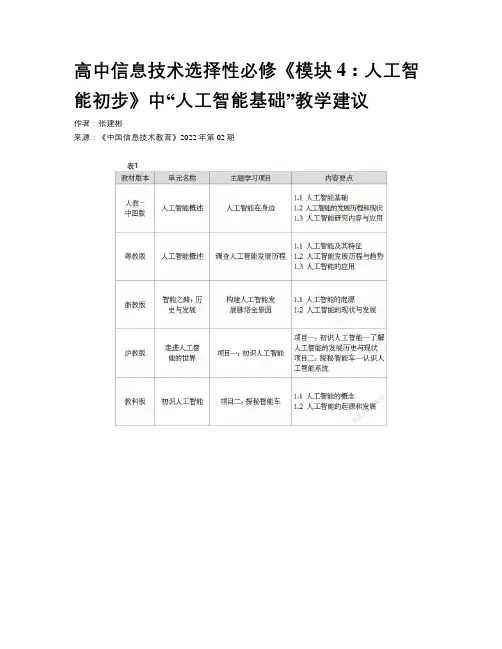 高中信息技术选择性必修《模块4：人工智能初步》中“人工智能基础”教学建议