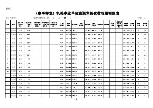 机关事业单位党费收缴明细表(样表,带计算公式)