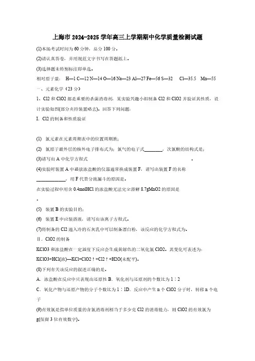 上海市2024-2025学年高三上学期期中化学质量检测试题(含答案)