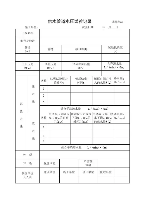市政工程供水管道水压试验记录 (示范文本)