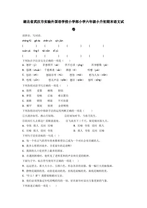 湖北省武汉市实验外国语学校小学部小学六年级小升初期末语文试卷