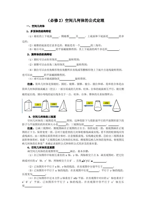 必修2立体几何公式定理