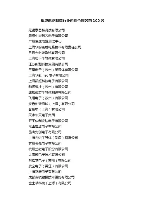 集成电路制造行业内综合排名前100名