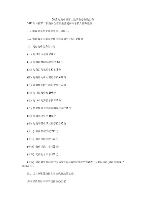 2015海南中招第二批录取分数线公布