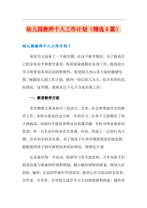 幼儿园教师个人工作计划(精选5篇)