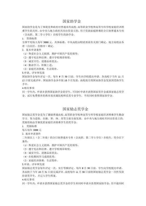 国家助学金、国家励志奖学金、国家奖学金、生源地助学贷款