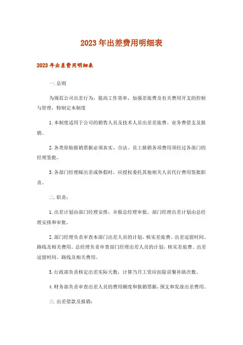 2023年出差费用明细表