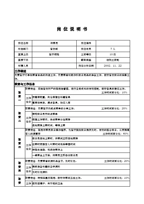 国际大酒店餐饮部岗位说明书传菜员