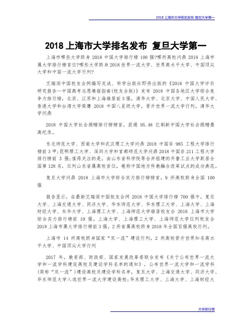 2018上海市大学排名发布 复旦大学第一