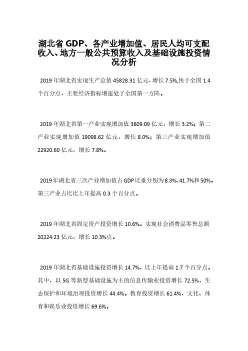 湖北省GDP、各产业增加值、居民人均可支配收入、地方一般公共预算收入及基础设施投资情况分析
