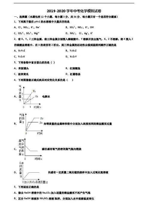 浙江省温州市2019-2020学年中考化学达标测试试题