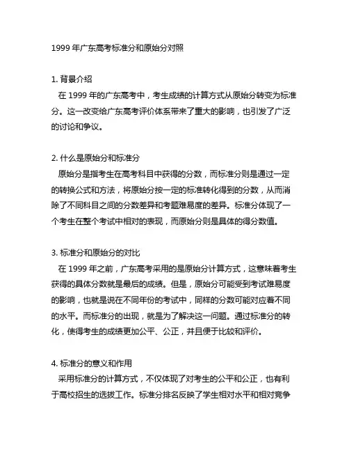 1999年广东高考标准分和原始分对照