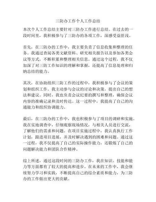 三防办工作个人工作总结