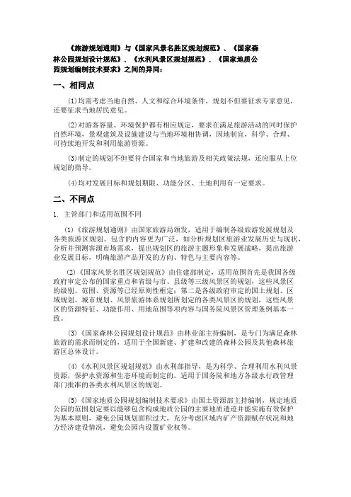 《旅游规划通则》与风景名胜区、森林公园、地址公园规划规范的比较