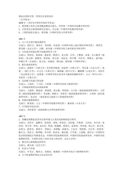 国家自然科学奖一等奖历年获奖项目