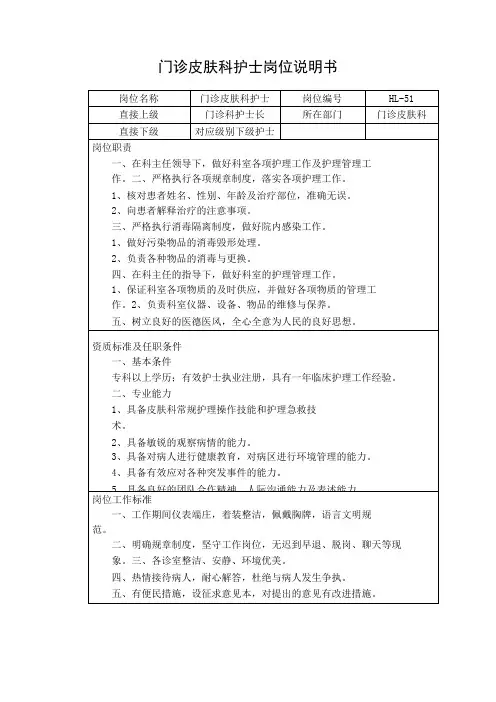门诊皮肤科护士岗位说明书