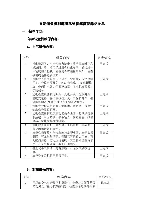 自动装盒机和薄膜包装机年度保养记录单