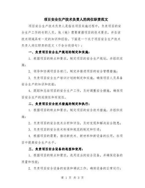 项目安全生产技术负责人的岗位职责范文