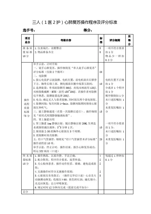核稿(三人1医2护心肺复苏操作程序及评分标准)