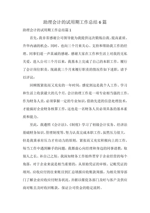 助理会计的试用期工作总结6篇
