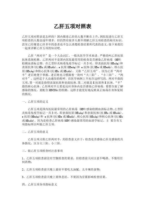 乙肝五项对照表