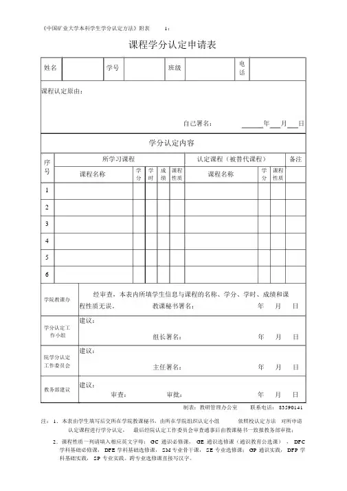 《中国矿业大学本科学生学分认定办法》附表1