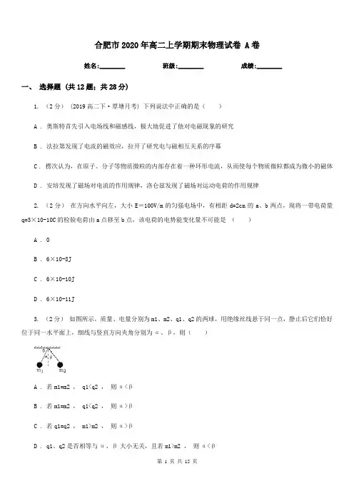 合肥市2020年高二上学期期末物理试卷 A卷(模拟)