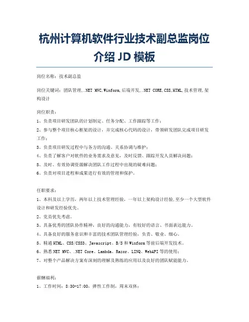 杭州计算机软件行业技术副总监岗位介绍JD模板