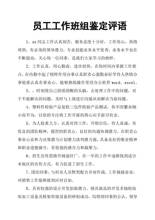 员工工作班组鉴定评语