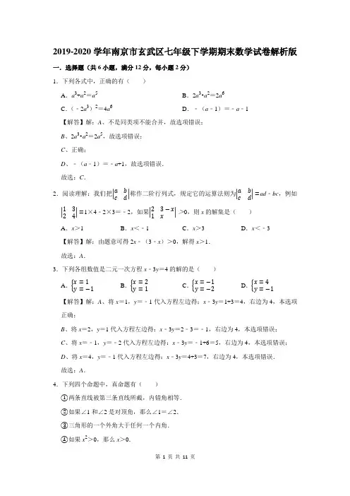 2019-2020学年南京市玄武区七年级下学期期末数学试卷解析版