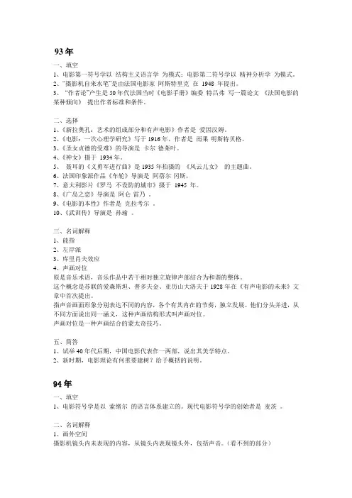 北京电影学院考研_国际电影文化传播_电影史_电影理论_历年试题