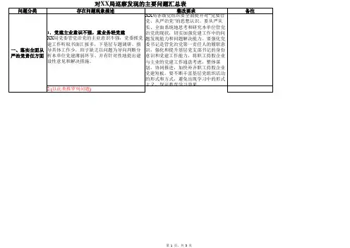 对XX局巡察发现的主要问题汇总表