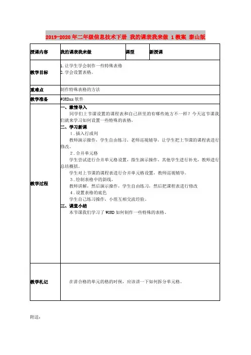 2019-2020年二年级信息技术下册 我的课表我来做 1教案 泰山版