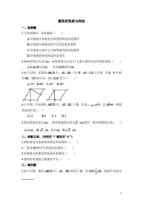 北师大版九年级数学上同步练习3：菱形的性质与判定  (含答案)