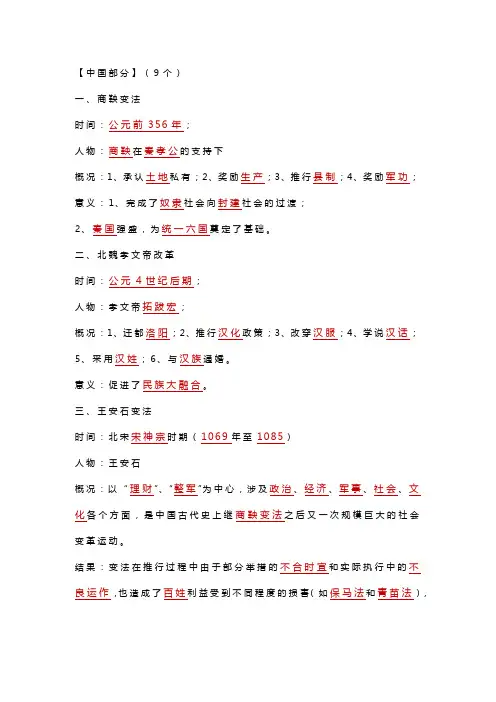 2024年中考二轮专题复习——中外历史上15个重要改革 知识清单