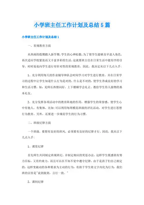 小学班主任工作计划及总结5篇