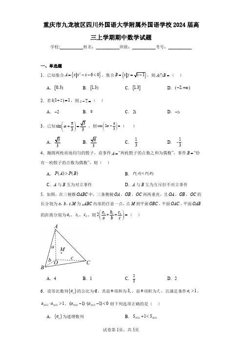 重庆市九龙坡区四川外国语大学附属外国语学校2024届高三上学期期中数学试题