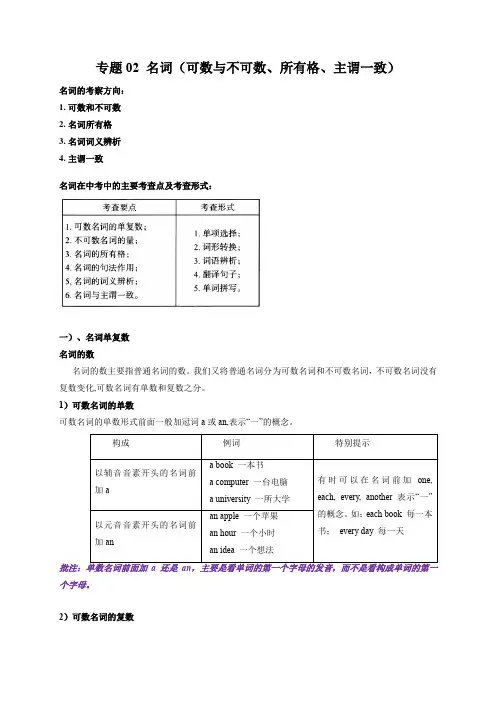 【中考英语复习 语法精 专题02 名词(可数与不可数、所有格、主谓一致)-(原卷及答案)(江苏专用)