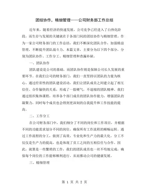 团结协作,精细管理——公司财务部工作总结