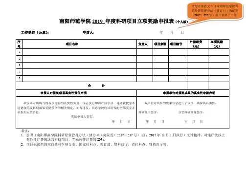科研项目立项奖励申报表  单位汇总表
