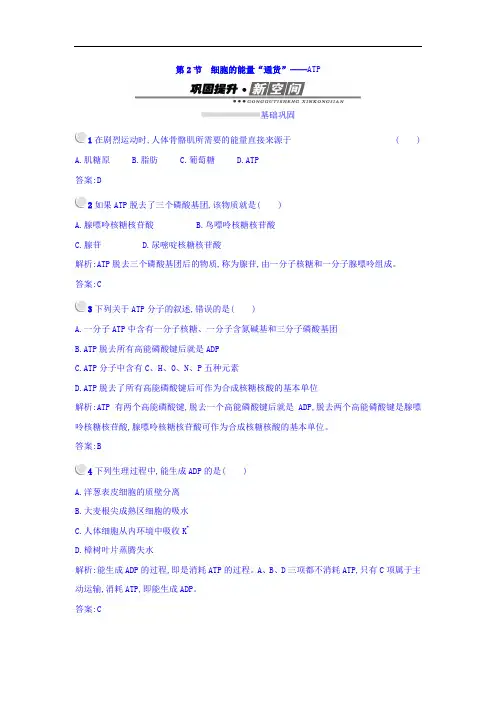 2019-2020学年人教版高中生物必修一检测：5.2细胞的能量“通货 ”——ATP Word版含答案